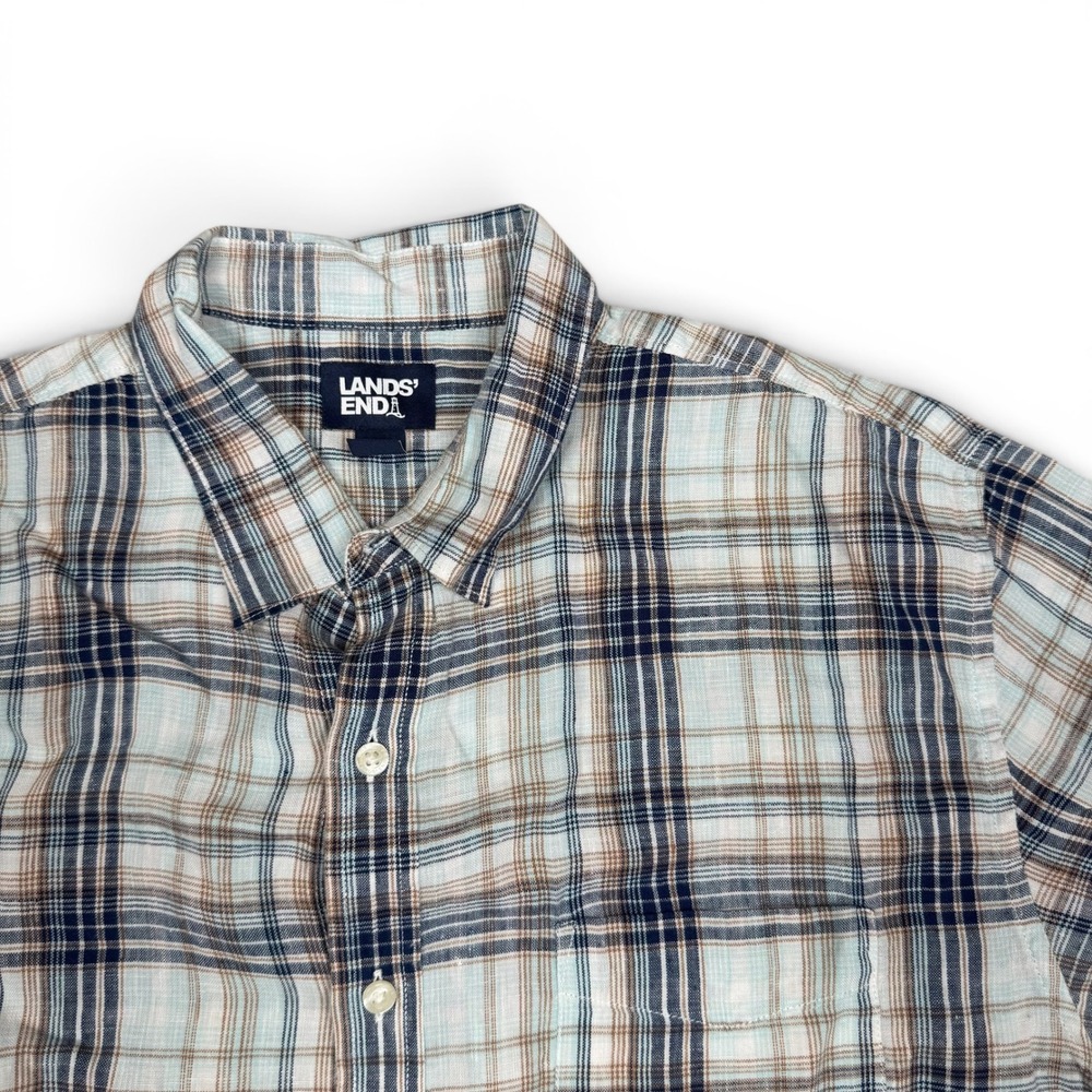 Lands End Mens L/T Blue Brown Plaid 100% Linen Short Sleeve Button Shirt